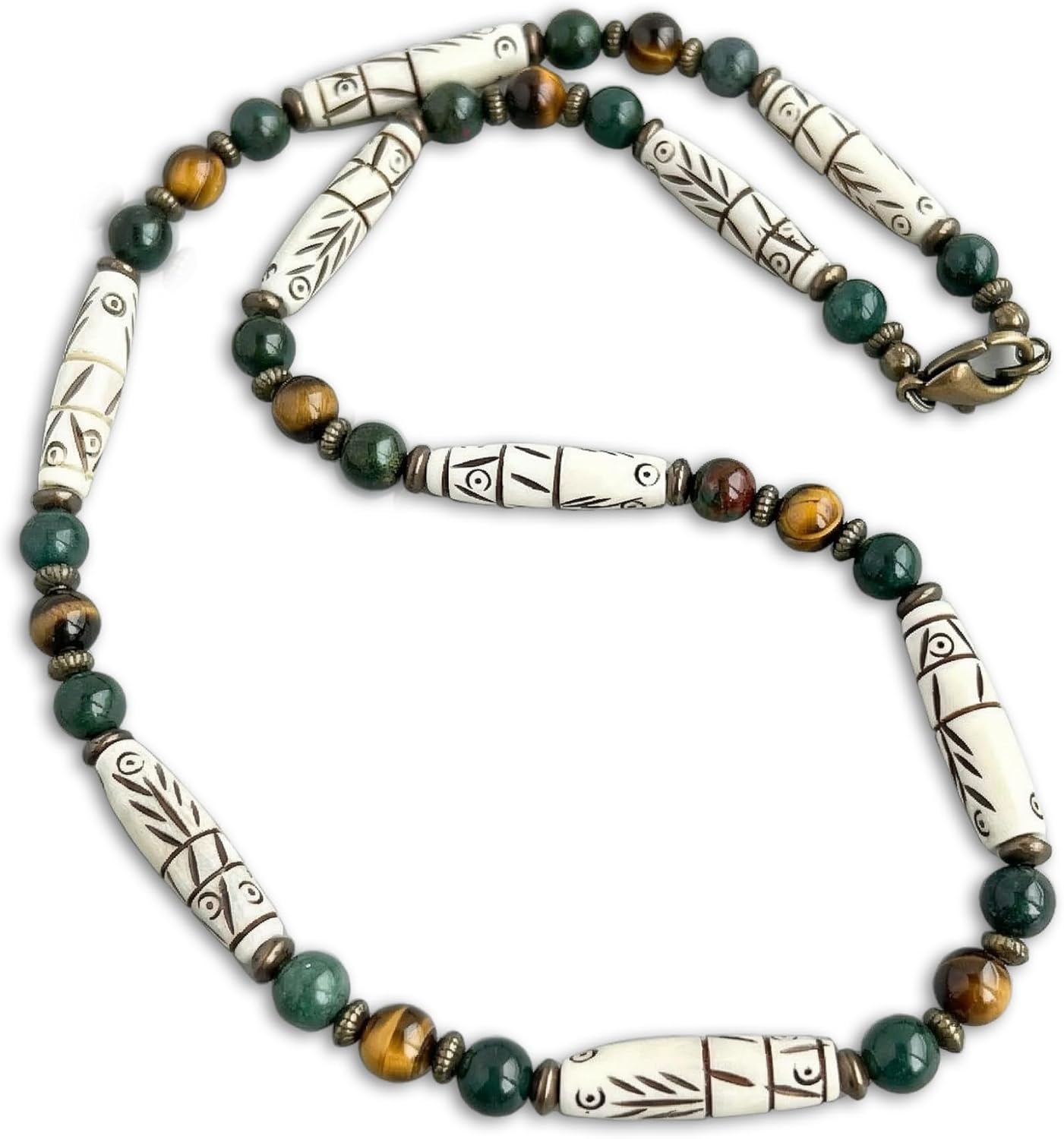 Mami's Gem Studio Carved Bone, Bloodstone, Tiger Eye Gemstone - Mens Tribal Style Necklace - Handcrafted in USA