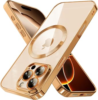 Magnetic Case for iPhone 16 Pro Max Electroplated Clear TPU Soft Phone Case [Full Camera Lens Protection] Non-Yellowing N56 Magnets Compatible with MagSafe Desert Titanium Gold
