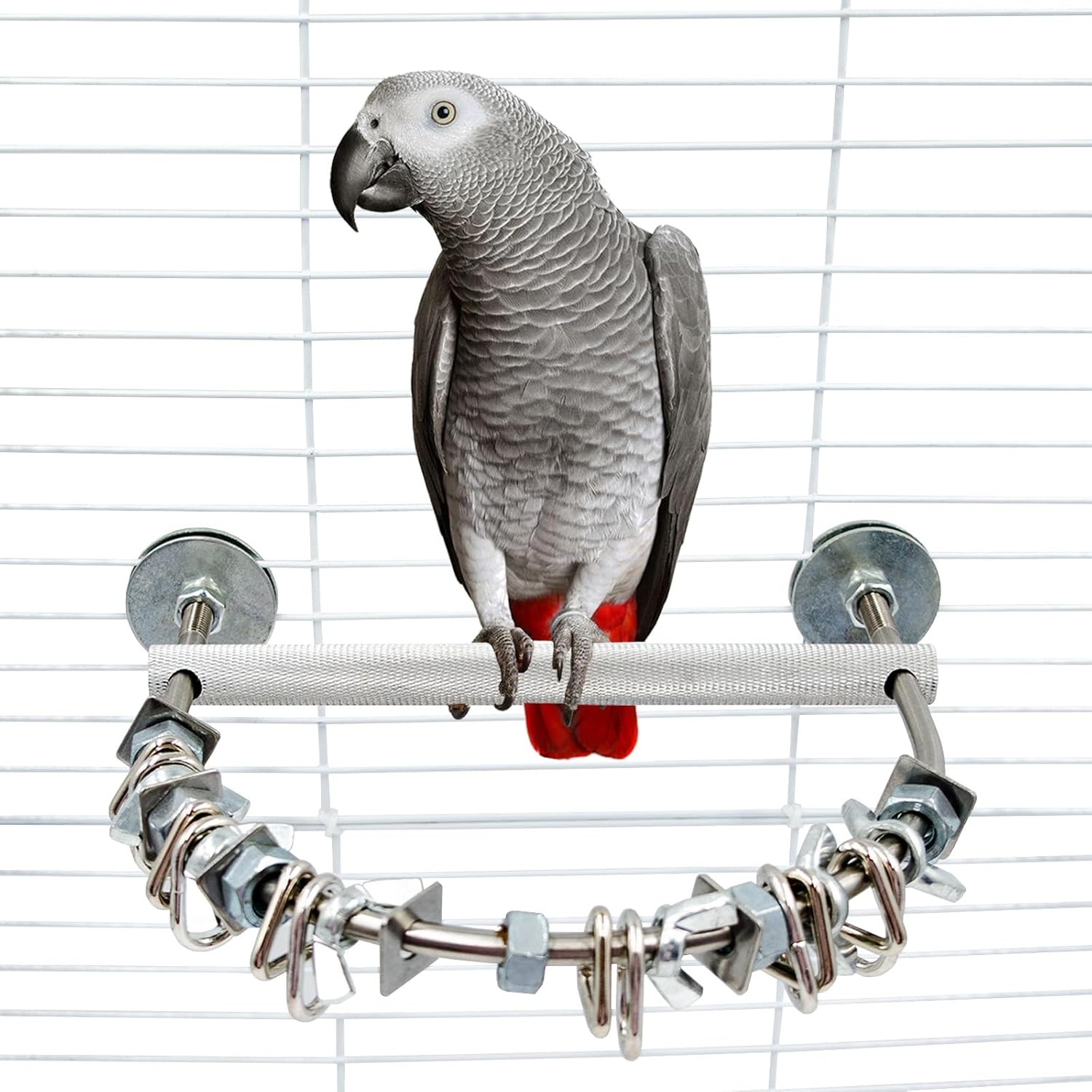 Stainless Steel Bird Perch with Chew Toys - 304 Metal U-Shape Parrot Stand, Embossed Anti-Slip Grip & Clinking Nut Bolt Accessories for Beak Trimming, Cage Perch for Cockatiel Lovebird Budgie