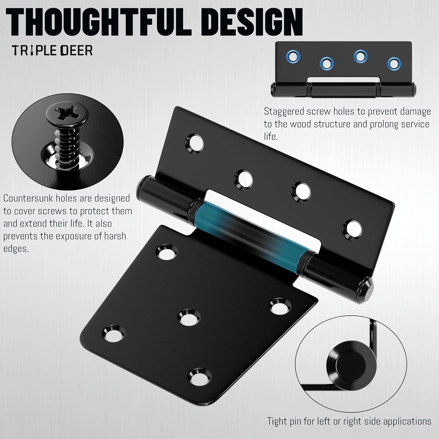 TRIPLE DEER 3.5 Inch Heavy Duty Gate Hinges, Extra Thick Gate Hinges for Wood Fence Barn Door Shed Gate Swing Door, Black Finish Door Strap Hinge, 8 Pack