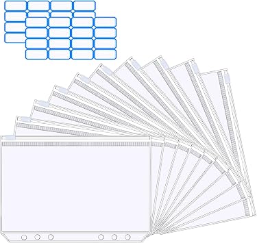Vicloon A5 Zipper Binder Pockets, 10Pcs Plastic Binder Zipper Folders Loose Leaf Bags with 2 Sheets Removable Label Stickers Money-Saving Cash Envelopes Document Organizer Binder Transparent