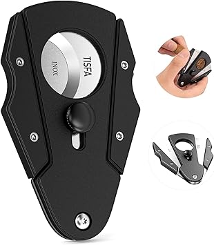 TISFA Cigar Cutter Stainless Steel Double Cut Blade with Safety Lock Cigar Guillotine, Sharp Cigar Clipper Scissors with Leather Case Black