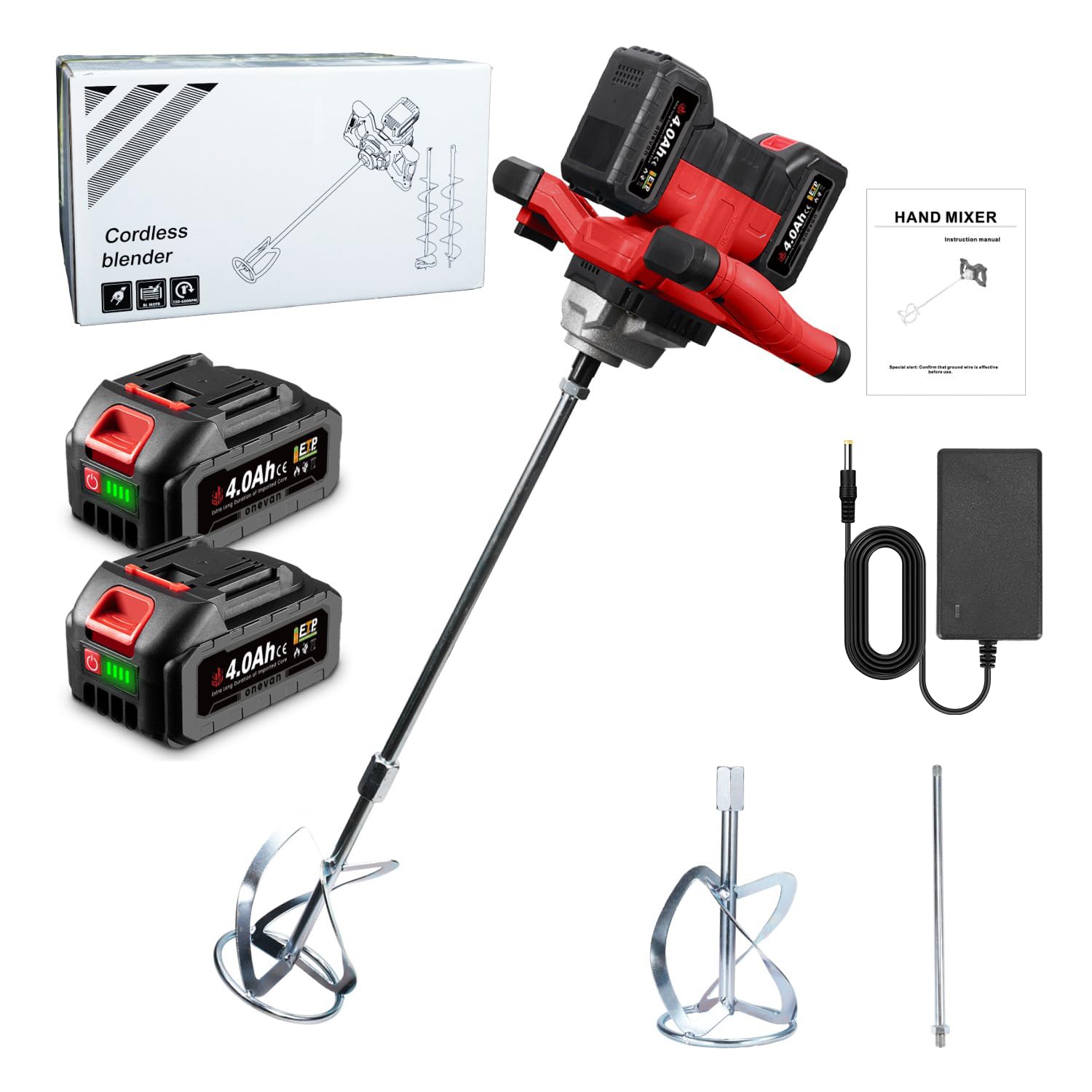 ONEVAN malaxeur mortier sans fil, 40V mélangeur à béton sans balais avec 2 batteries de 4000 mAh, 6 vitesses, emmanchement M14, mélangeur electrique pour peinture, béton, ciment et mortier