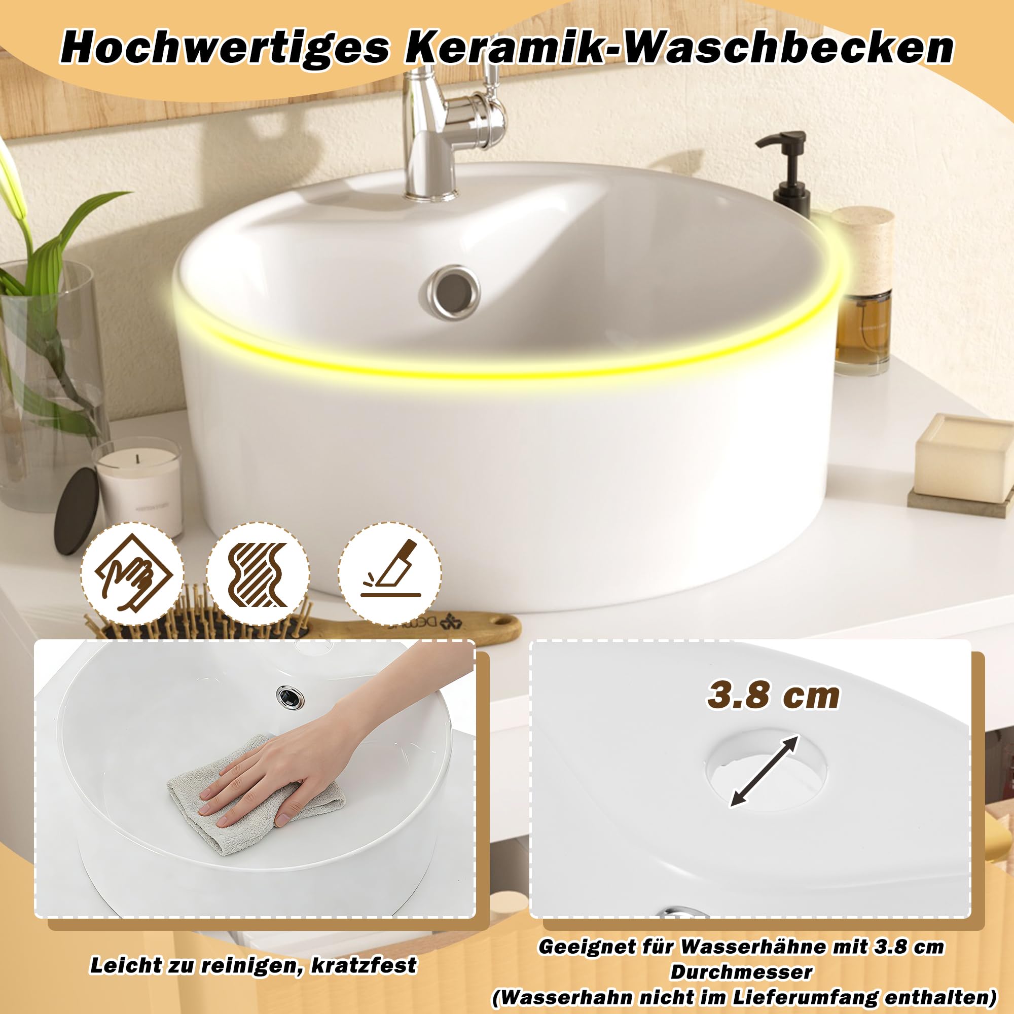 Armario de baño de 60 cm montado en la pared con lavabo de cerámica redondo, frentes de cajones con aspecto de madera con diseño de rayas simples, tablero MDF de alta calidad, gran capacidad de