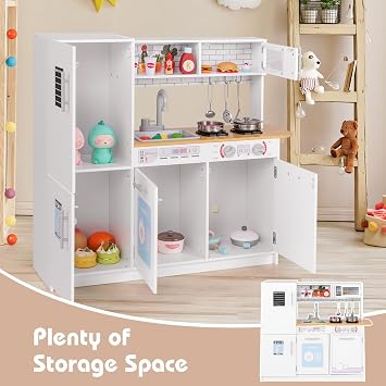 COSTWAY Kids Play Kitchen, Wooden Pretend Cooking Playset with Sink, Microwave, Dishwasher, Water Dispenser, Chalkboard, Toddler Toy Kitchen for Boys Girls