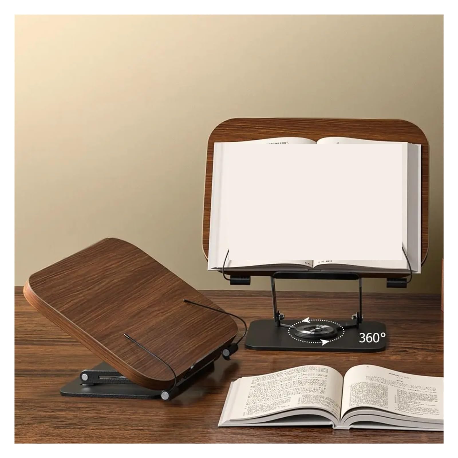 Leseständer für Bücher Leseständer aus massivem Holz, faltbar, mit elastischen Seitenklammern, Buchständer, verstellbare 360° drehbare Basis, Laptop-Halter, Schreibtisch-Erhöhung