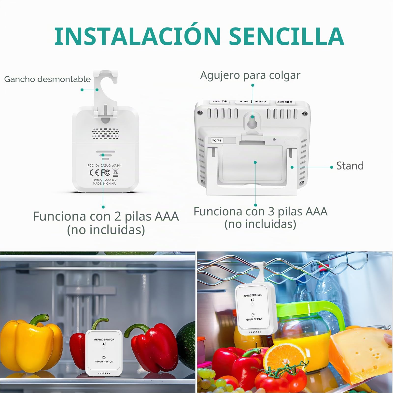 ORIA Termómetro Digital para Congelador, Termómetro para Nevera con 2 Sensores Inalámbricos, Pantalla LCD de 3,7", ℃/℉, Registro Min/Max, 2 Opciones de Montaje para Hogar y Restaurantes