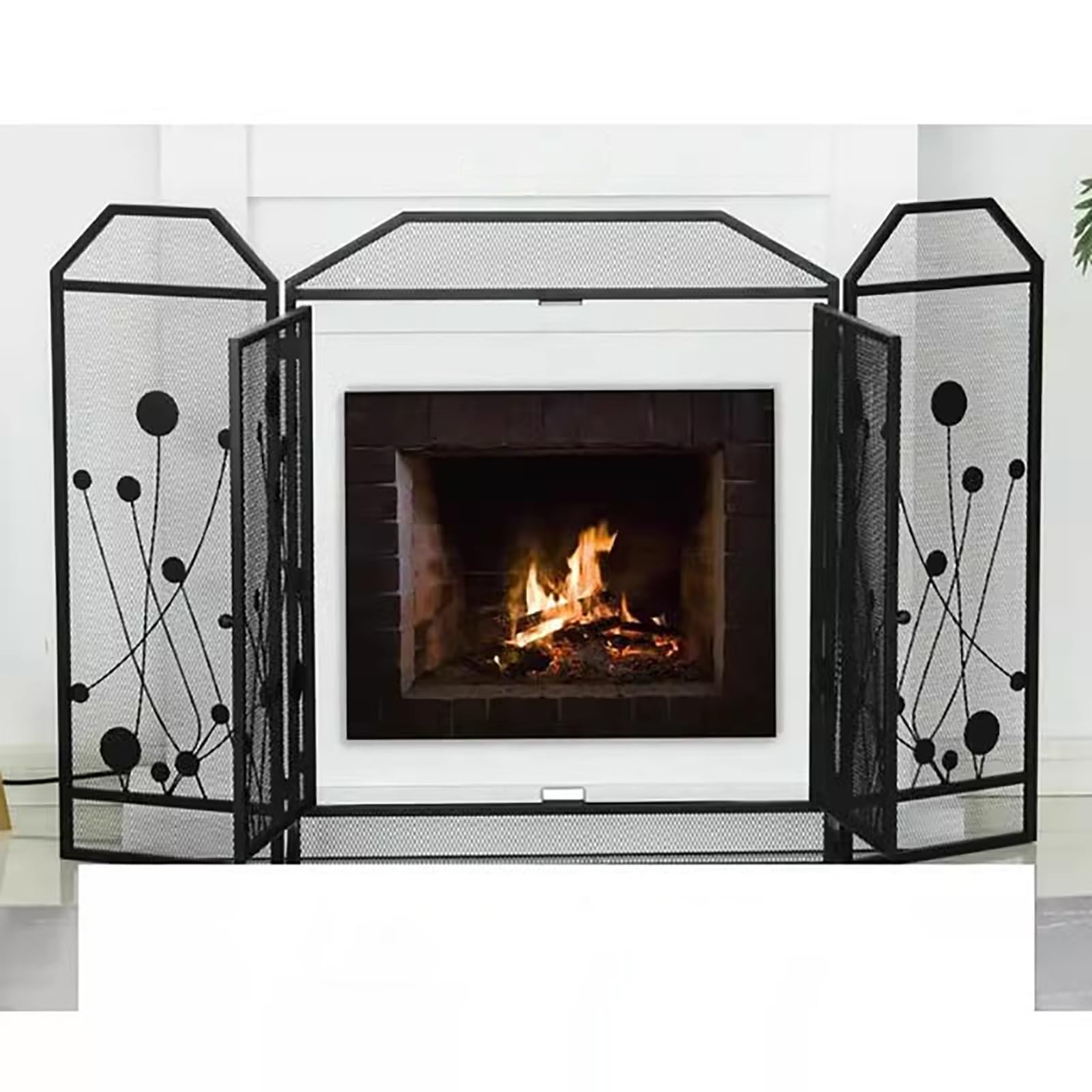 Salvachispas Chimenea Mampara de Chimenea Plegable de 3 Paneles con Puertas Dobles, Malla Protectora Negra para Estufa de Leña para El Hogar, Cubierta Moderna con Bisagras y Puerta a Prueba de Chispas