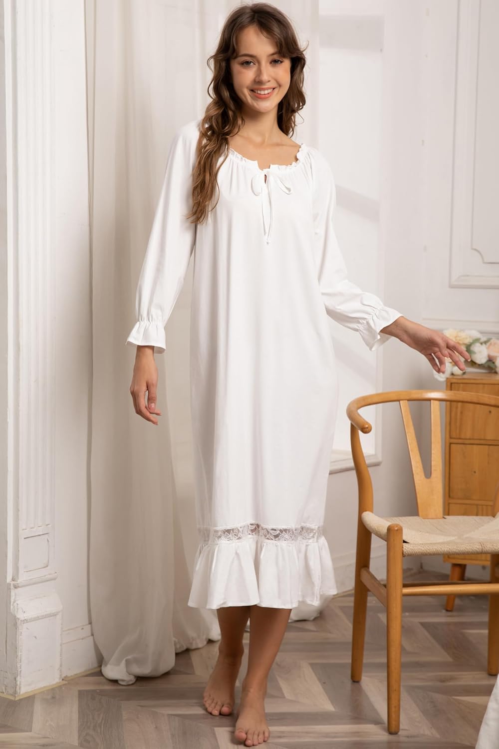 Nanxson Womens Cotton Nightgown Long Sleeve Sleepwear Vintage Victorian Lace Nightdress Loungewear - Image 3