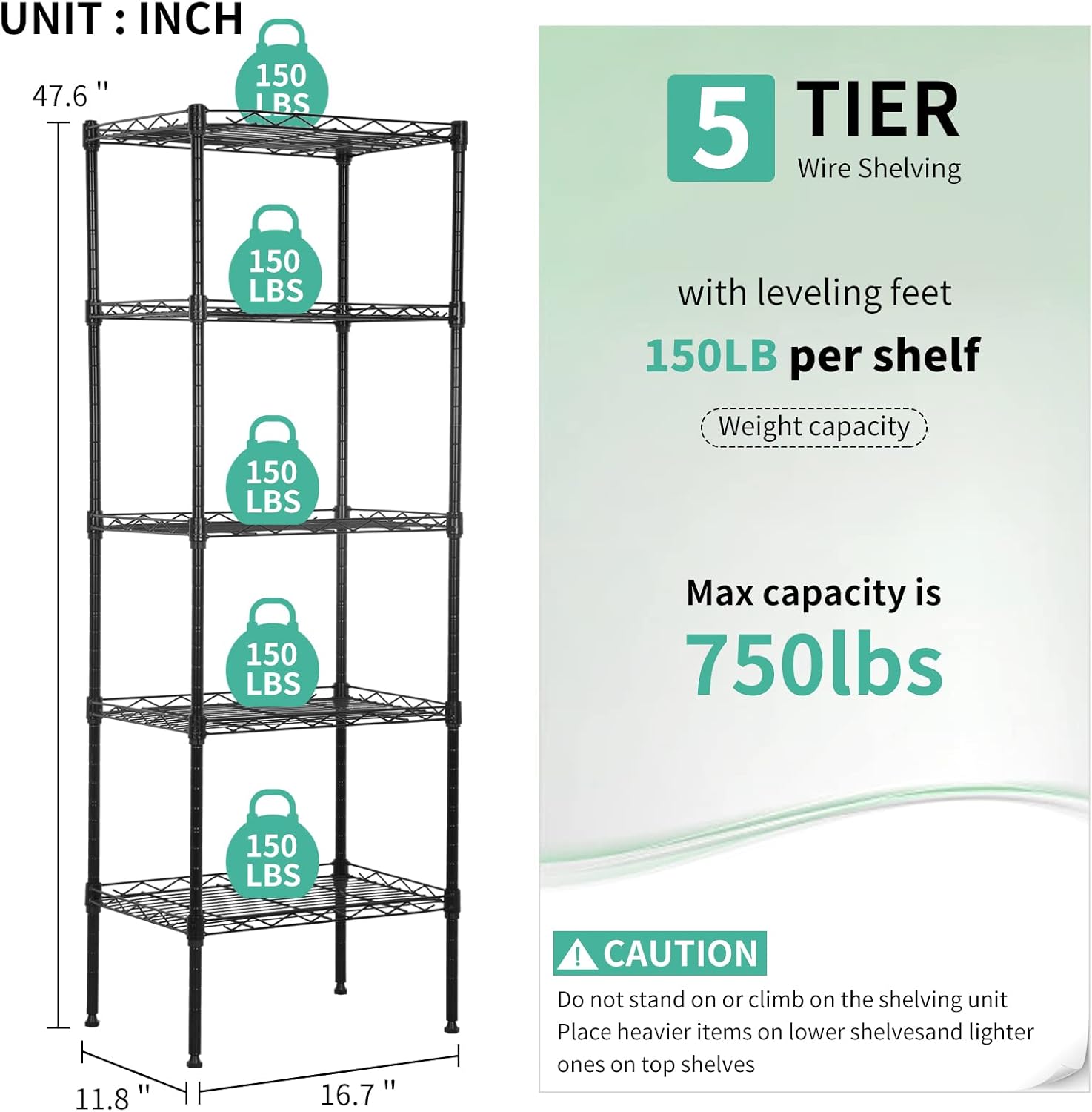 5 Tier Storage Shelves Wire Shelving Unit Adjustable Metal Shelf Heavy Duty Garage Storage Rack Wire Shelves Display Rack for Laundry Livingroom Kitchen, 16.7" L×11.8" W×47.6" H, Black