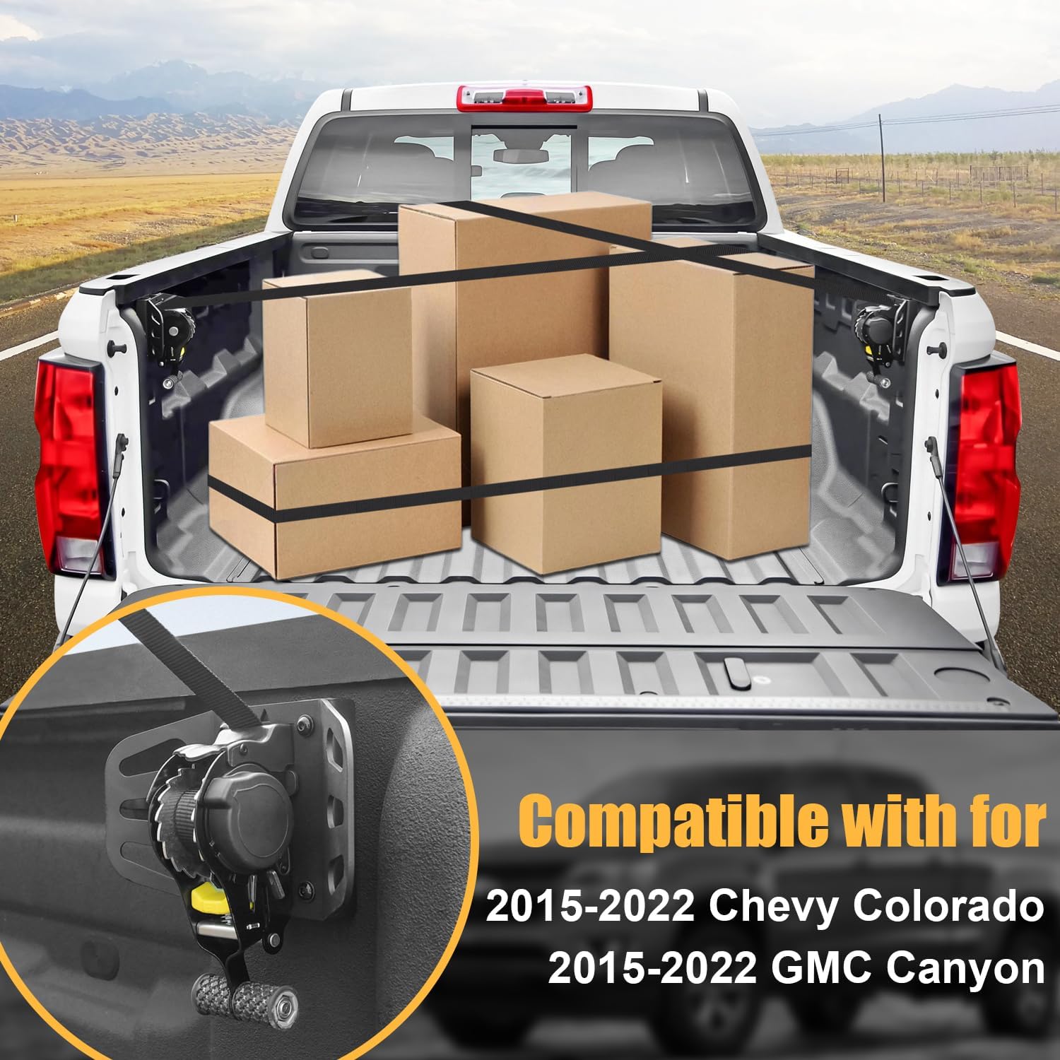 Retractable Ratchet Tie Down Straps Compatible with for 2015-2022 Chevy Colorado GMC Canyon Truck Cargo Bed Mounted Tie Down Retractable Ratchet Strap with Safety Lock System Mounting Bracket