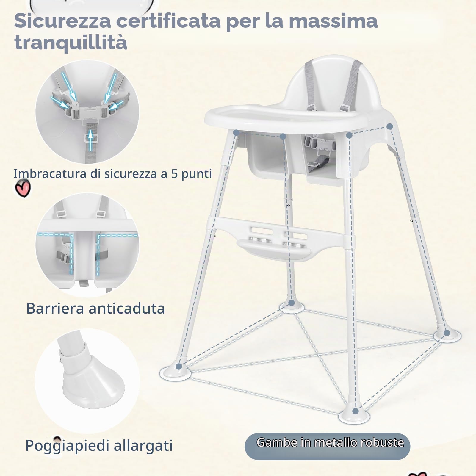 LIFEZEAL Seggiolone Pappa, Altezza Regolabile in 4 Posizioni, Seggiolone Evolutivo, con Poggiapiedi, Vassoio Regolabili e Cintura di Sicurezza, Telaio in Metallo, per Bambini 6-36 Mesi (bianco)