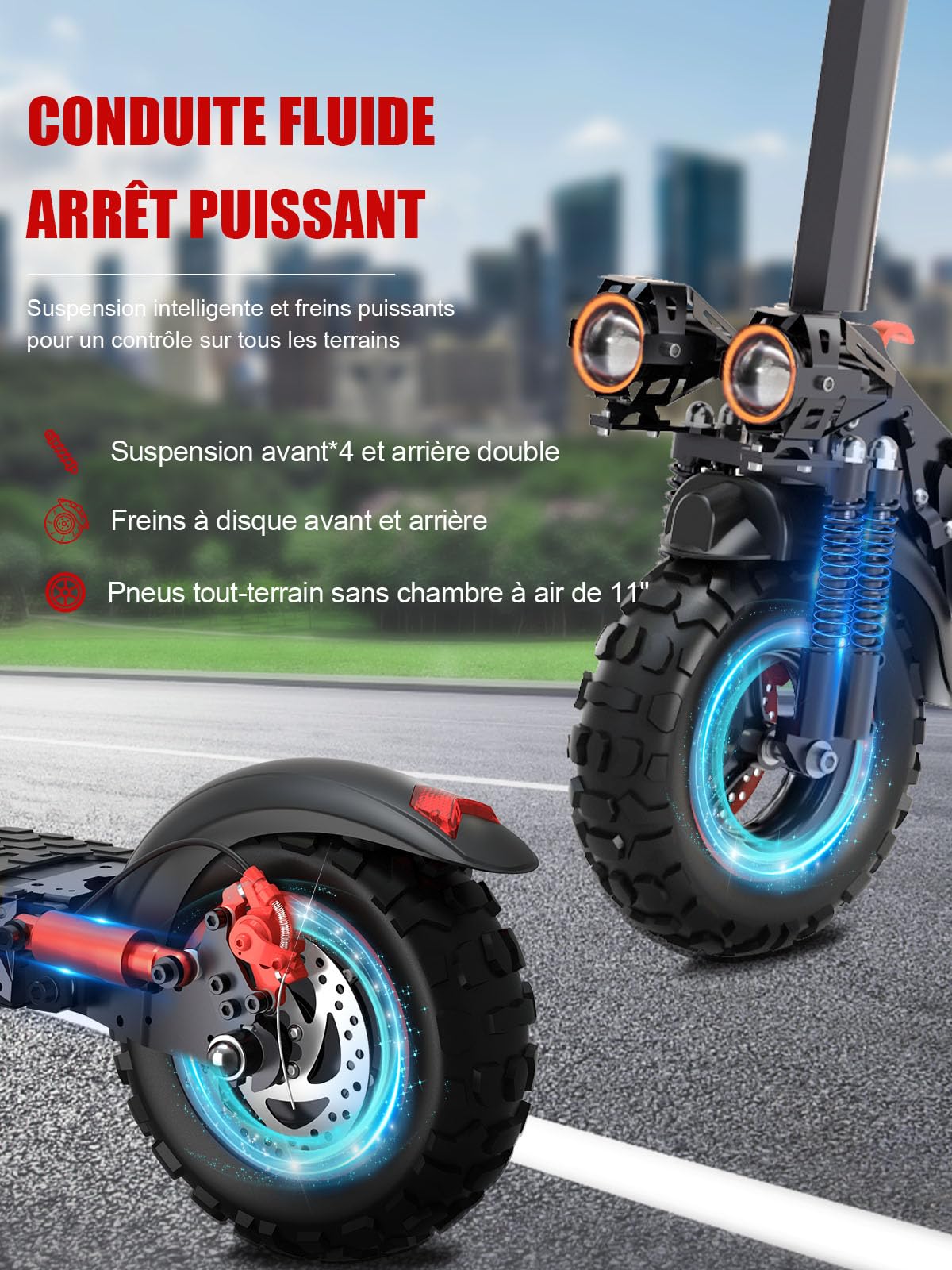 Trottinette Électrique Adulte 1200W Moteur, Autonomie 45-55KM Batterie 48V 18Ah Trotinette Electrique Pliante Portable, Roues 11" Tout Terrain Double Suspension Frein à Disque Double Escooter