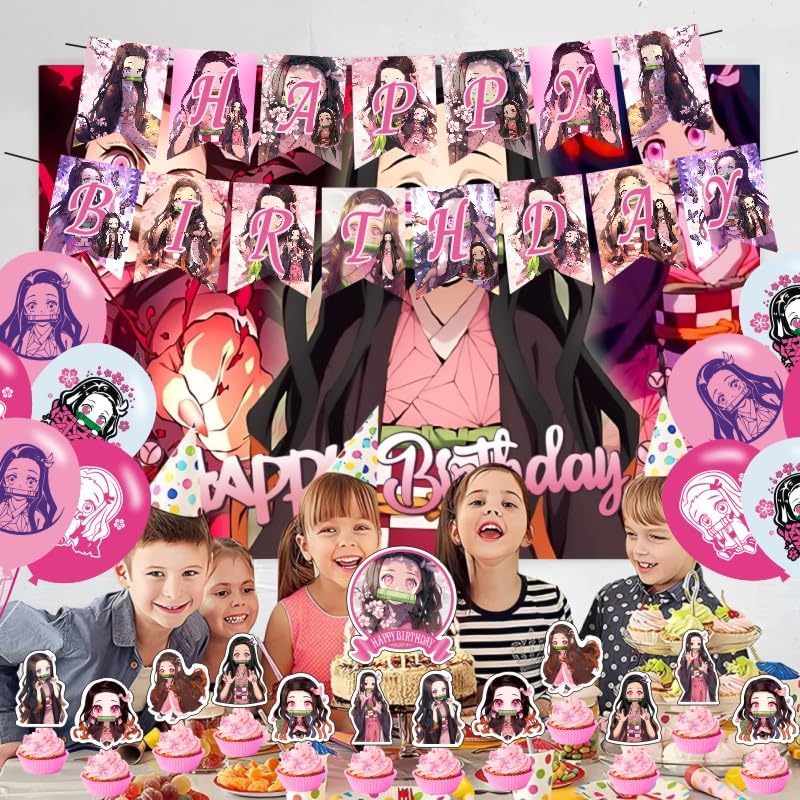Nezuko Birthday Decorations, Demon Party Supplies Include Happy Birthday Banner, Cake Topper and Cupcake Toppers, Balloons for Kids Party Decor