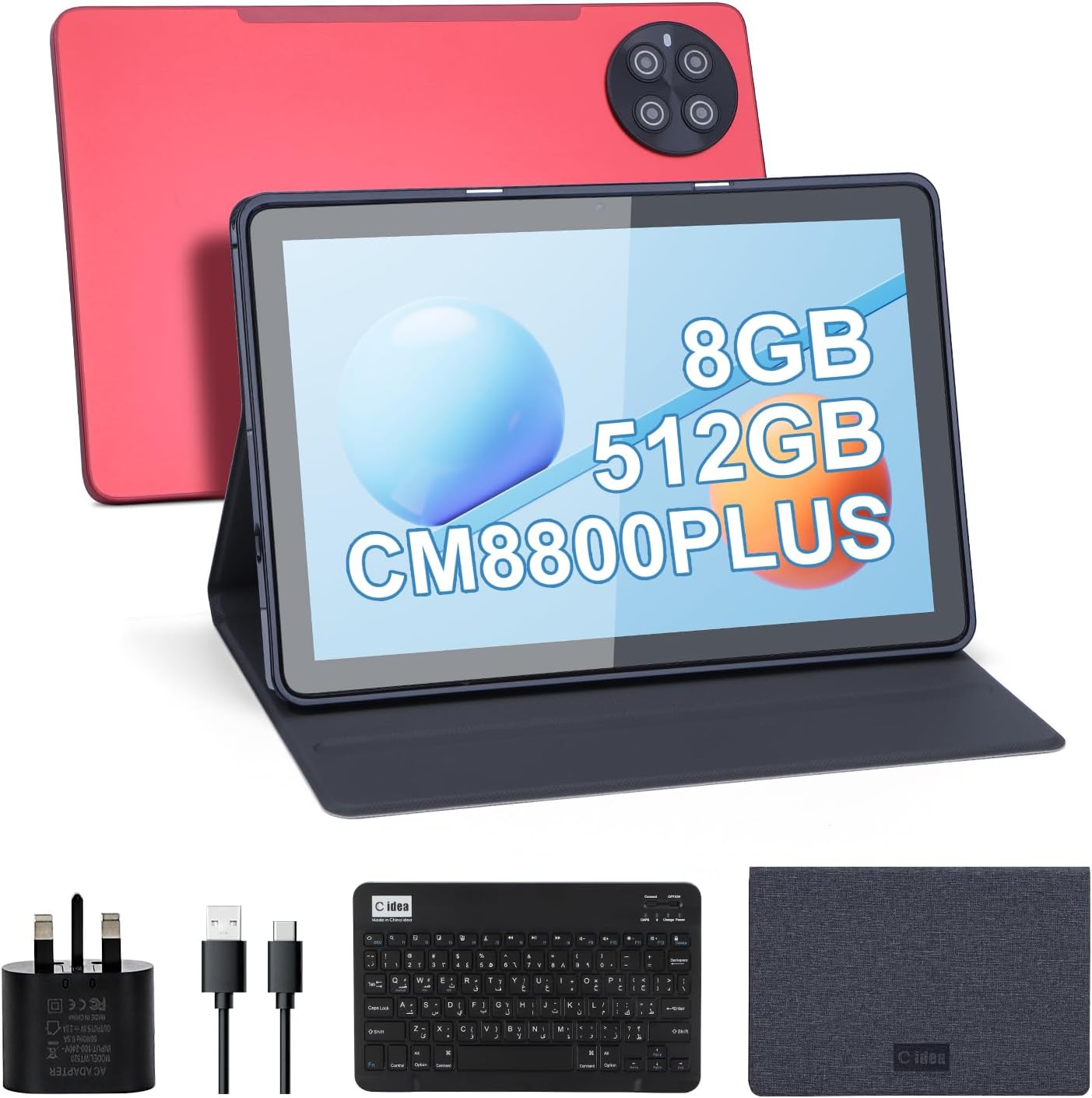 C idea 10.1 inch tablet,Android 13 Tablets,1280x800 IPS HD Touch Screen,8GB+512GB,WiFi, Bluetooth,GPS, Dual Camera, Long Lasting Battery Tablet,CM8800 Plus (Red)