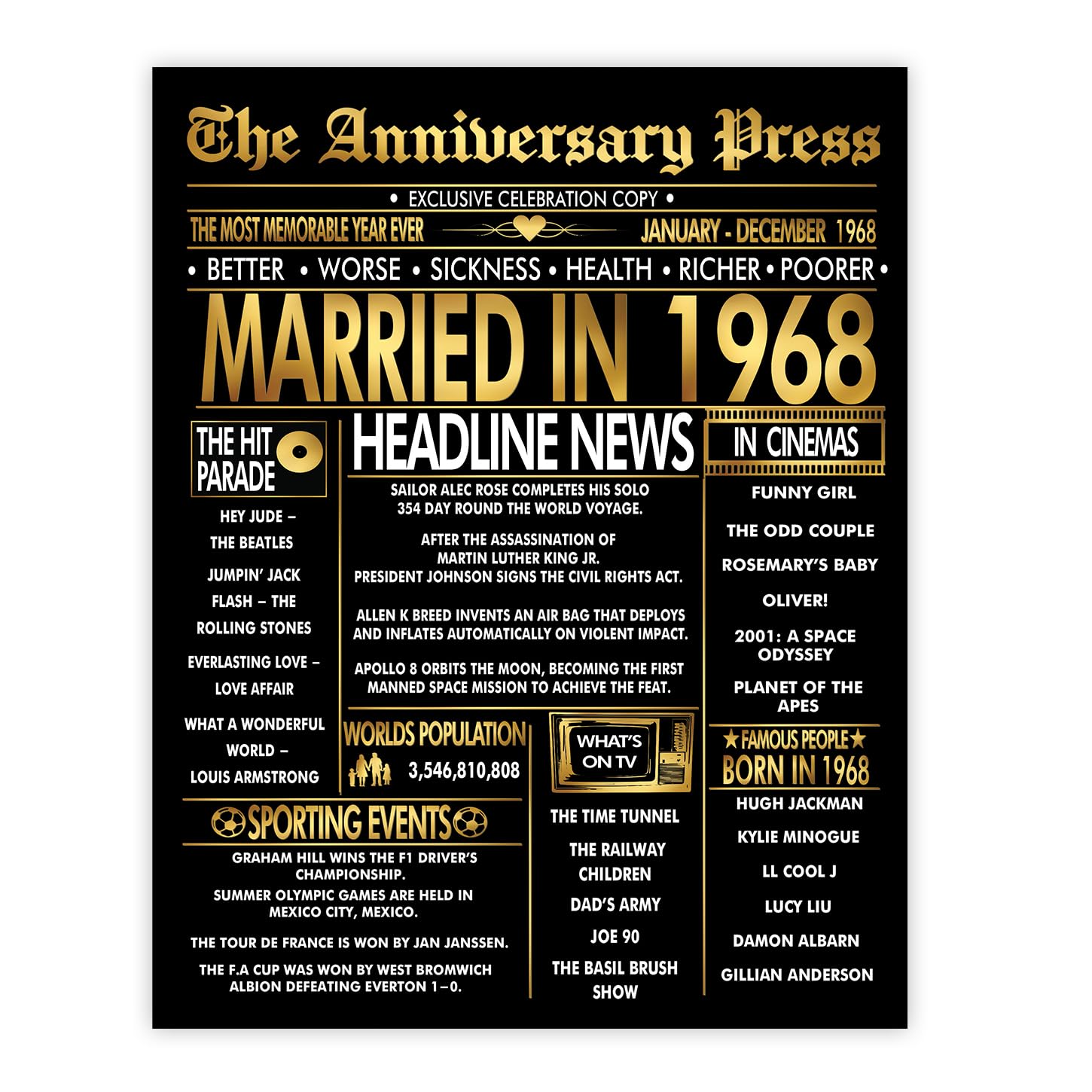 Stuff4 Men's 1968 Gold 58Th Anniversary Poster Unframed - Golden Married In Newspaper - 58 Wedding Anniversary For Wo Vintage Gifts Back In 8X10 Inch Anniversaries Posters