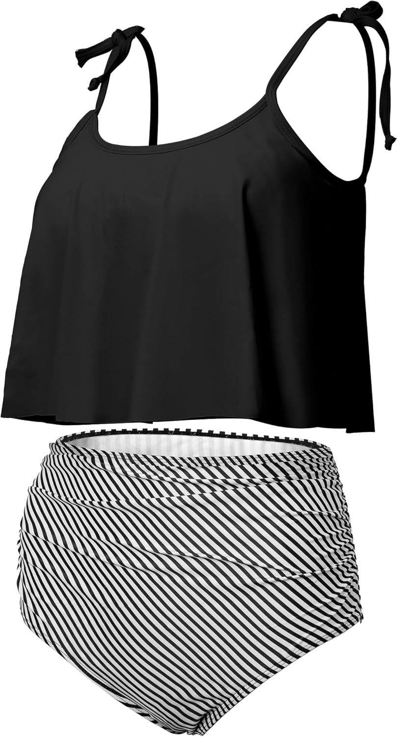 Buauty Bikini Bathing Suits for Women Two Piece Swimsuits Tummy Control Bottom Ruffled Flounce Tops High Waisted Bikini Sets Black/Stripe - Image 5