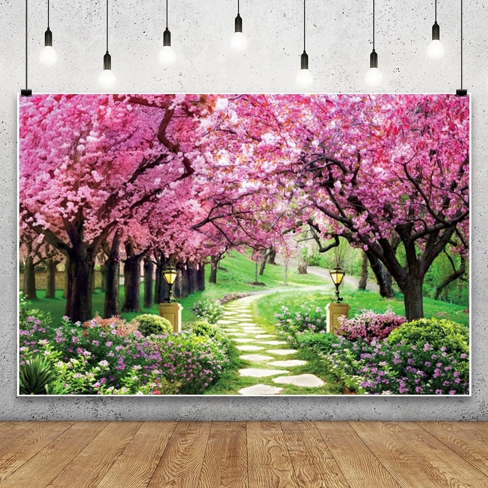 3x2,5m Toile de Fond Jardin de Printemps Fleur de Cerisier Paysage Naturel Fond Photographique Décoration de fête d'anniversaire Accessoires pour Photos de Portrait d'enfants et d'adultes