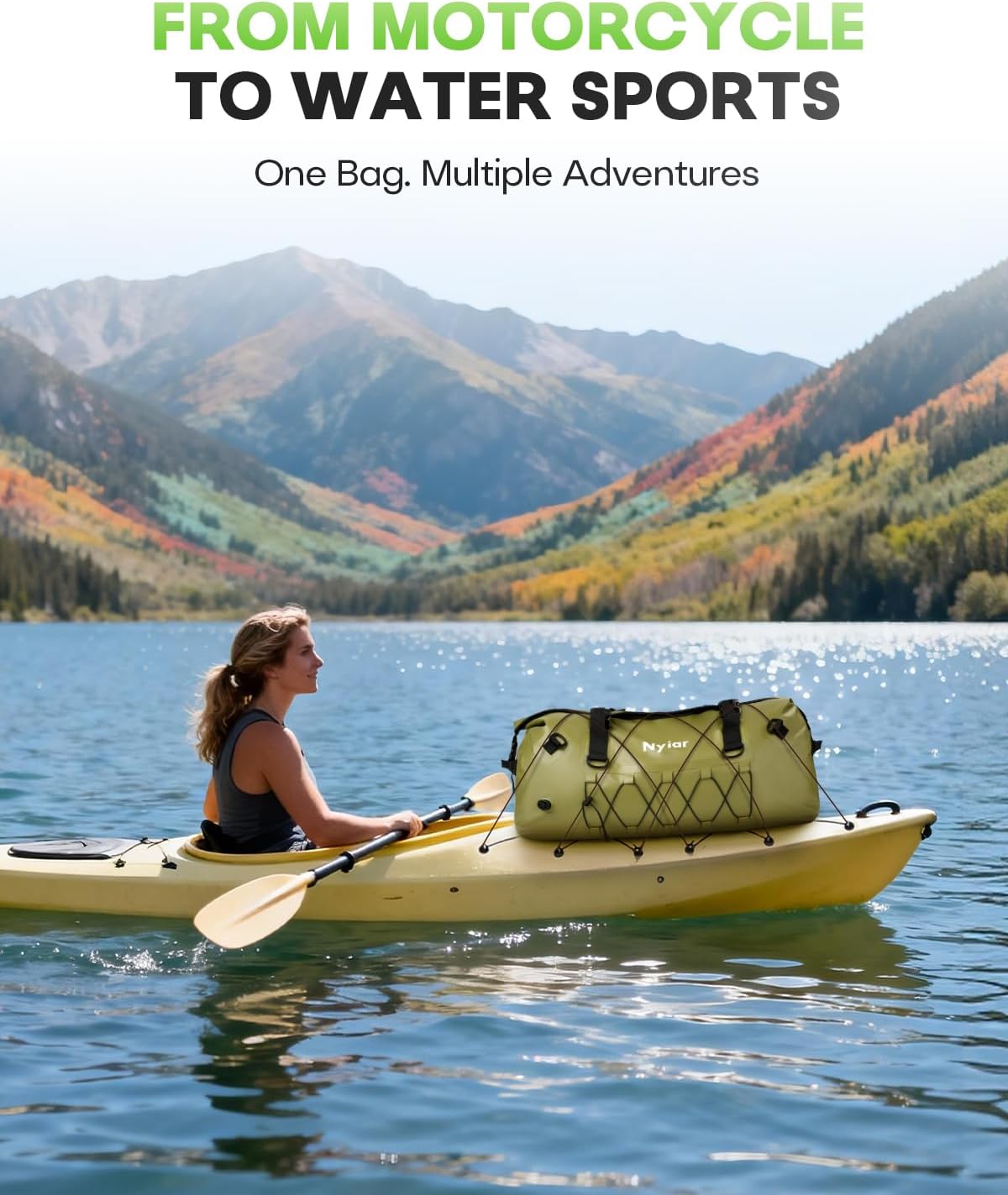 60L Waterproof Duffel Bag Motorcycle Dry Bag Backpack, Heavy-Duty Roll-Top Waterproof Bag with Sealed Seams & Waterproof Zipper for Riding, Kayaking, Camping & Travel (Green)