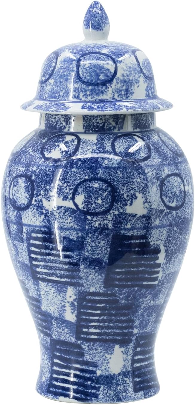 HomeStock Earthy Elements Ginger Jar - 20" Blue and White Finish, Abstract Pattern with Handled Lid, Stylish Decorative Jar