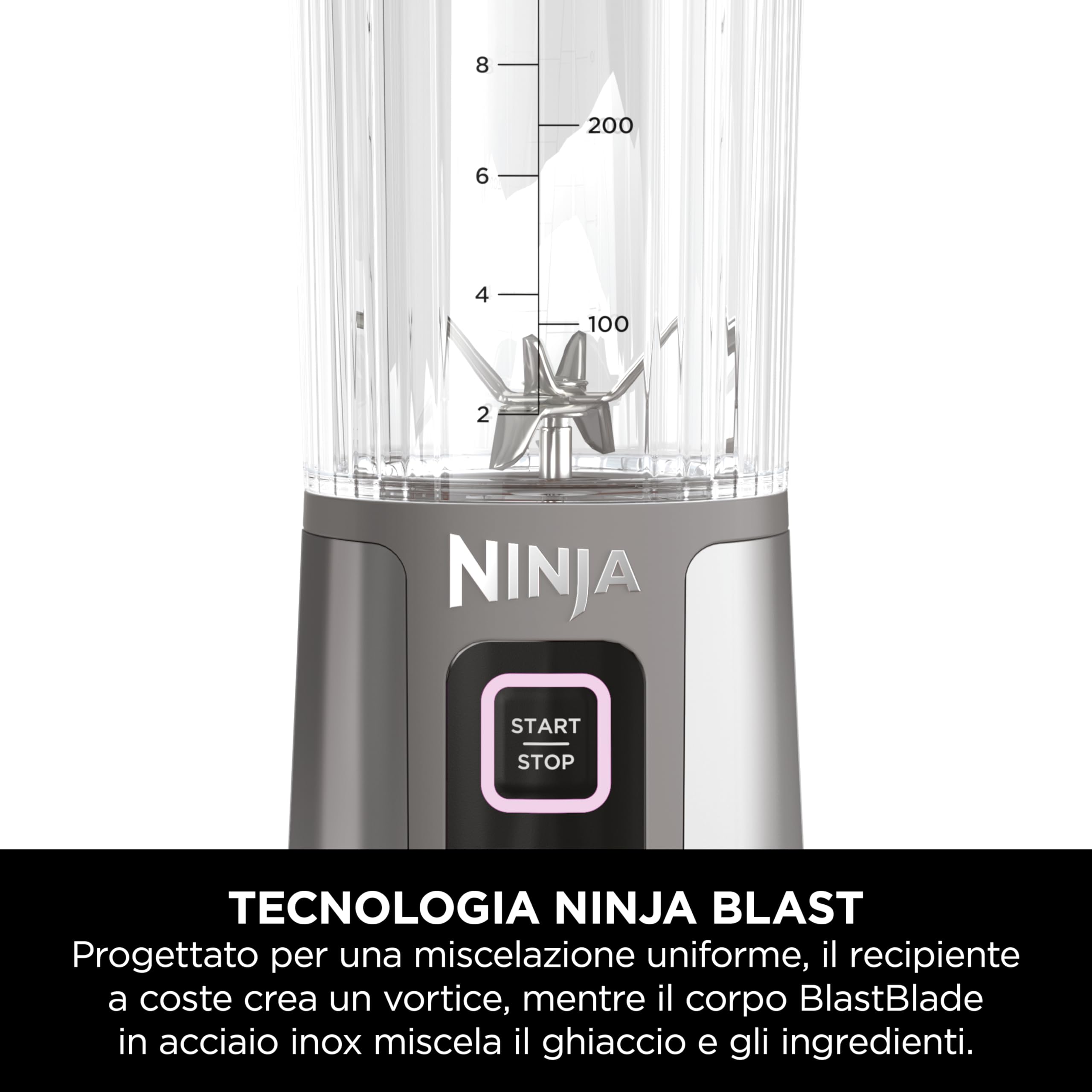 Ninja Blast Frullatore Portatile x2 530 ml, Coperchio Antiperdite e Beccuccio, Senza Filo, Ricaricabile, Frullati Proteici, Frulla Ghiaccio e Frutta congelata, Oro Rosa, Argento Metallico, BC151UKEUGV