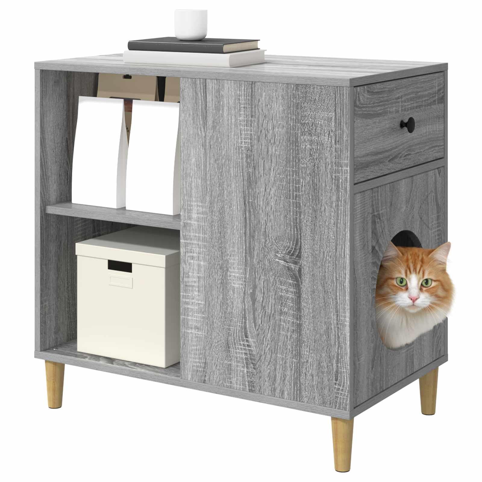 Casa para gatos Sonoma gris de madera 72 x 42,5 x 70 cm muebles interiores para gatos con construcción estable y acogedor refugio para salón, rascador juguete