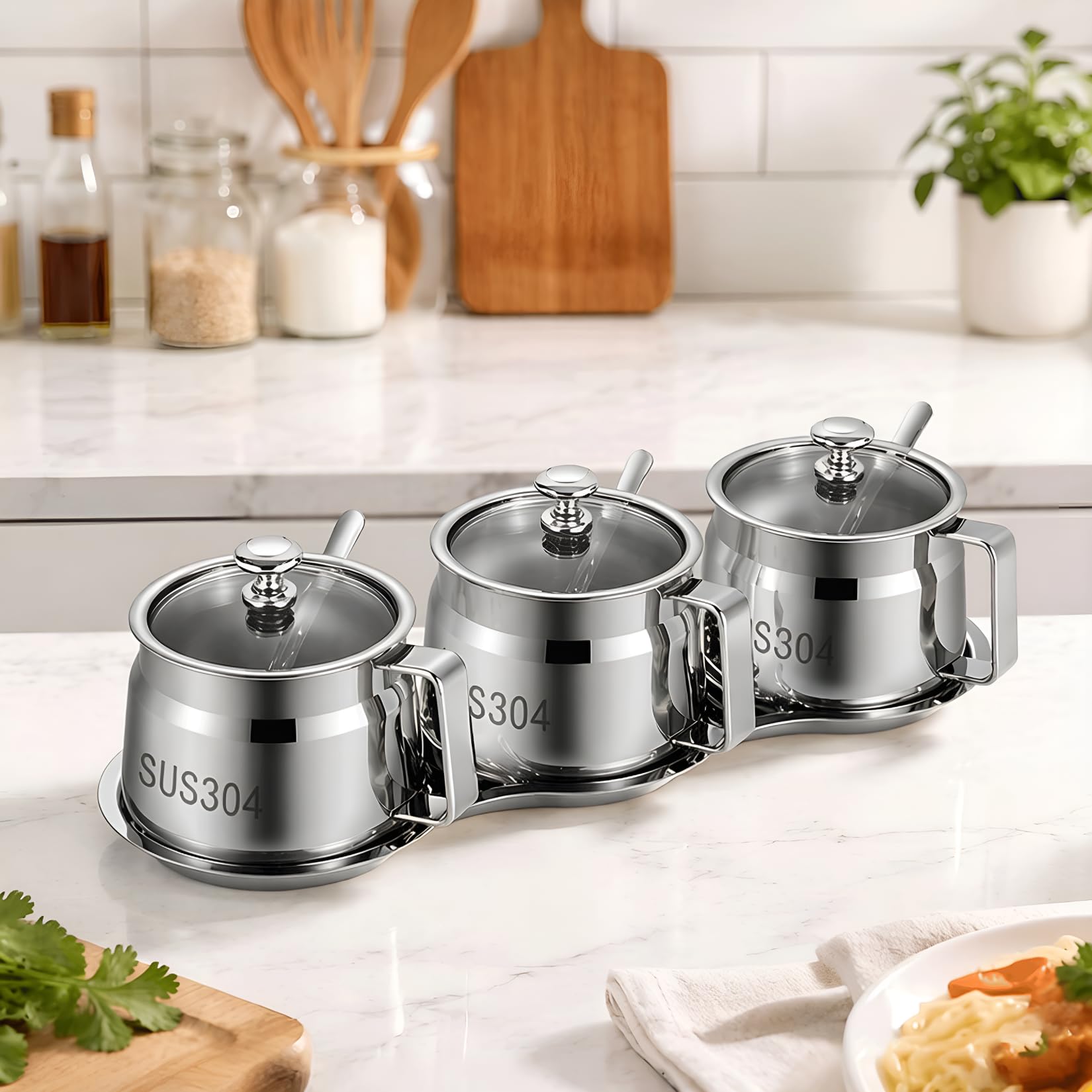 Juego de 3 tarros de especias de acero inoxidable 304, para condimentos con tapas transparentes, cucharas y bandeja, recipientes para condimentos aptos para alimentos para sal, azúcar, pimienta()