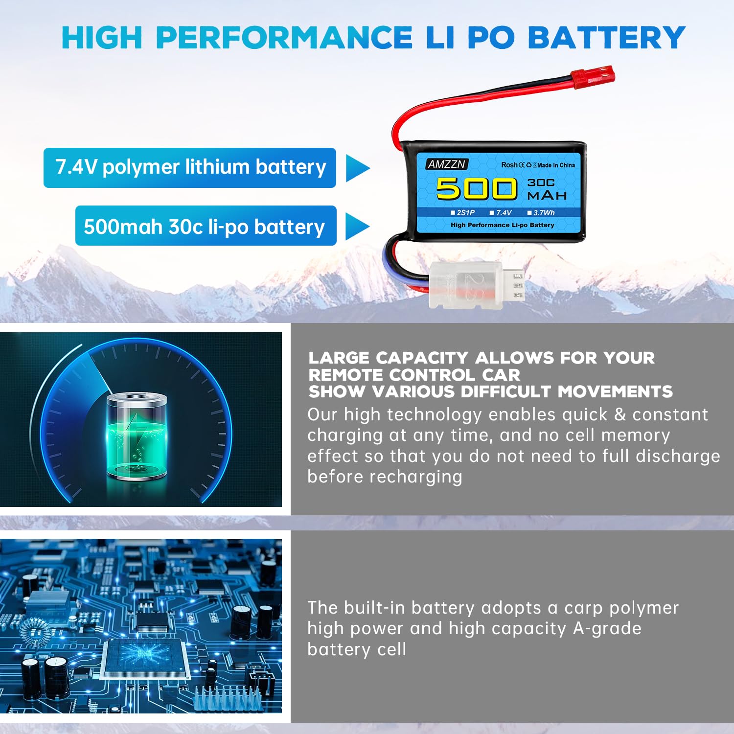 Batería Lipo De Enchufe JST-2P De 7.4 V 500 MAh 30C Adecuada Para Helicópteros RC, Cuadricópteros, Aviones Pequeños, Drones De Carreras Micro FPV, Autos RC, Camiones Y Vehículos De Alta Velocidad
