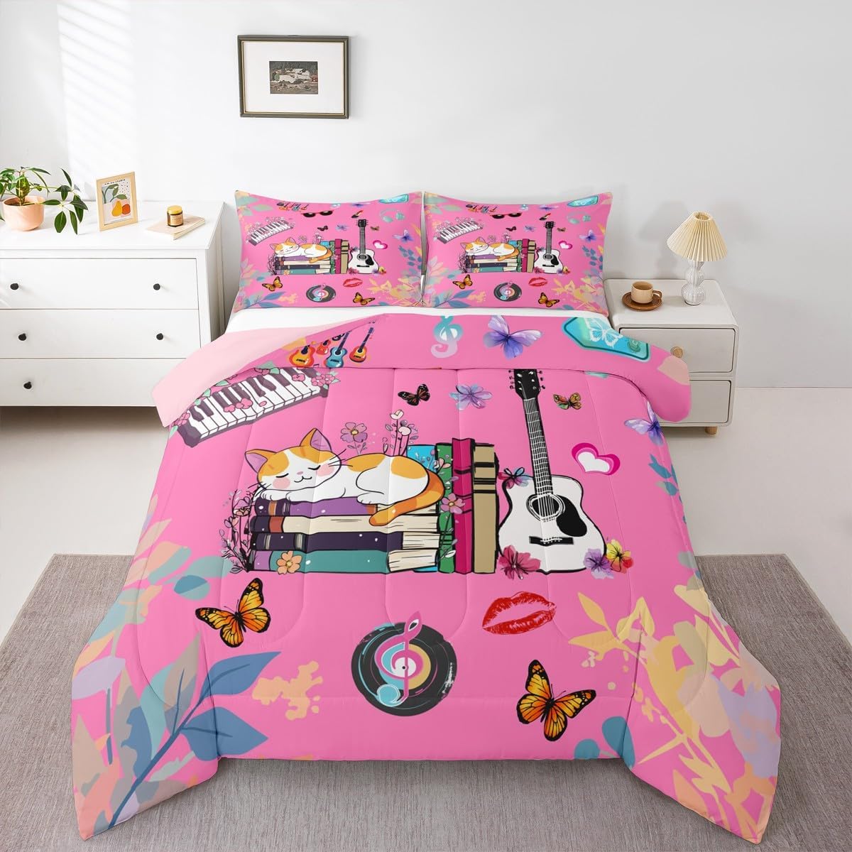 Erosebridal Music Themed Comforter Set Butterfly Bedding Set Full Size Music Book Cat Down Comforter for Fans Modern Fashion Pink Quilt Set Birthday Valentines Day