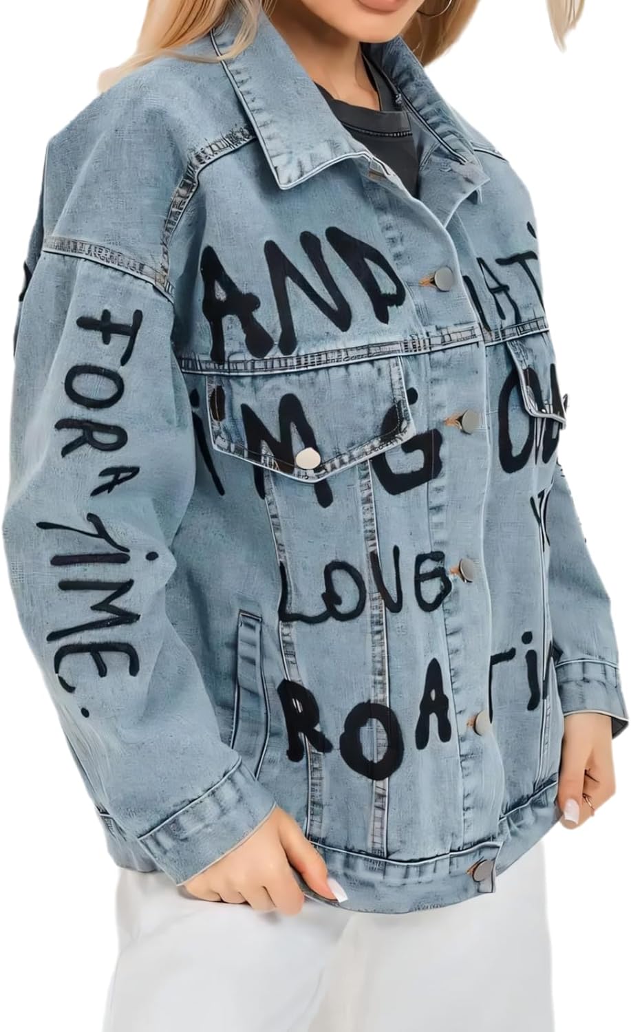 Wuitrie Womens Oversized Denim Jacket Casual Letter Print Long Sleeve Button Down Vintage Jeans Boyfriend Coat With Pockets