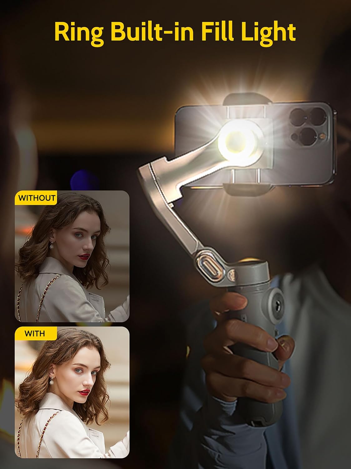 AOCHUAN Gimbal Stabilizer for Smartphone,3-axis Gimbal Anti-Shake for iPhone 15/14/13 Pro Android w/Built-in LED Light,1/4" Threads, Portable Phone Holder Vlogging for TikTok, Live-Stream-Smart X Grey