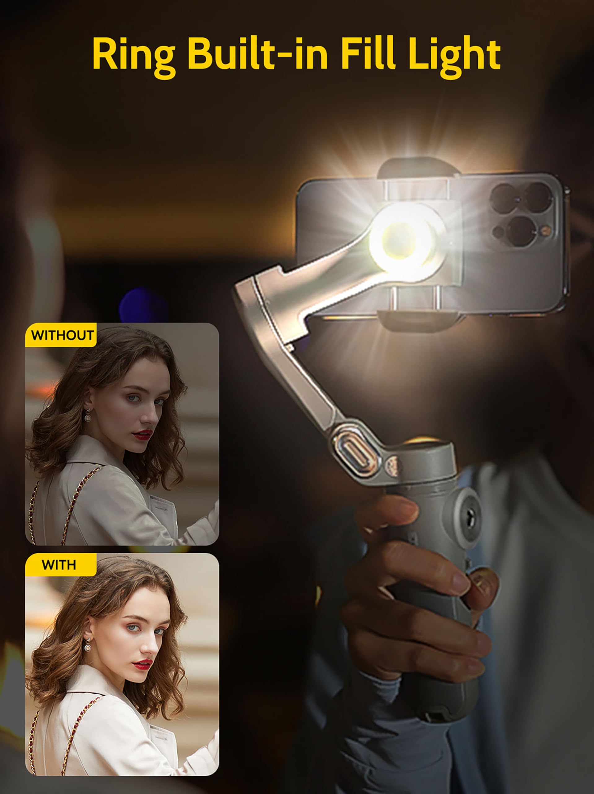 AOCHUAN Gimbal-Stabilisator für Smartphone,3-Achsen-Gimbal Anti-Shake für iPhone 16/15 Pro Android mit integriertem LED-Licht,1/4-Zoll-Gewinde,tragbarer Telefonhalter für TikTok-Smart X Grau
