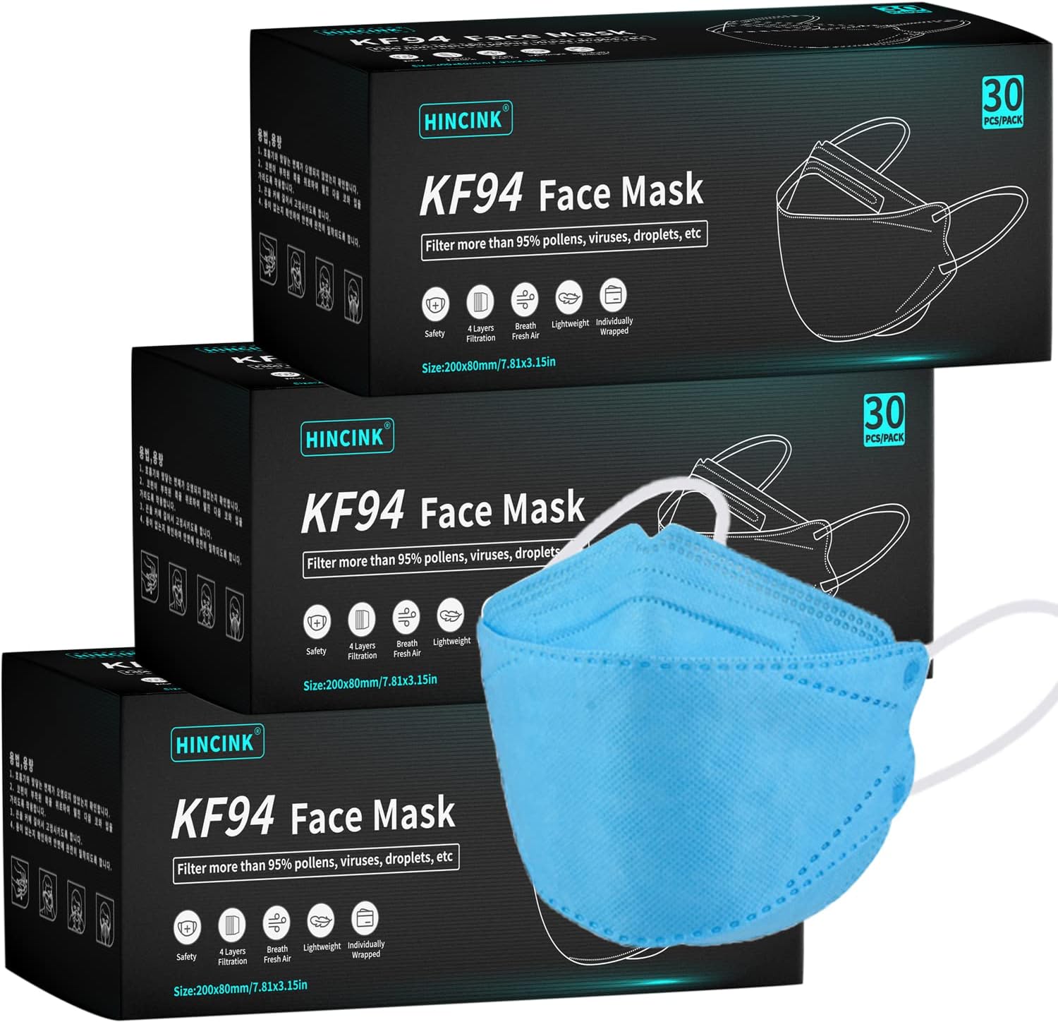 [30Packs] KF94 Face Mask 4 Ply Individually Packaged Protective 3D Face Safety Dust Mask Disposable Face Mask for Adult