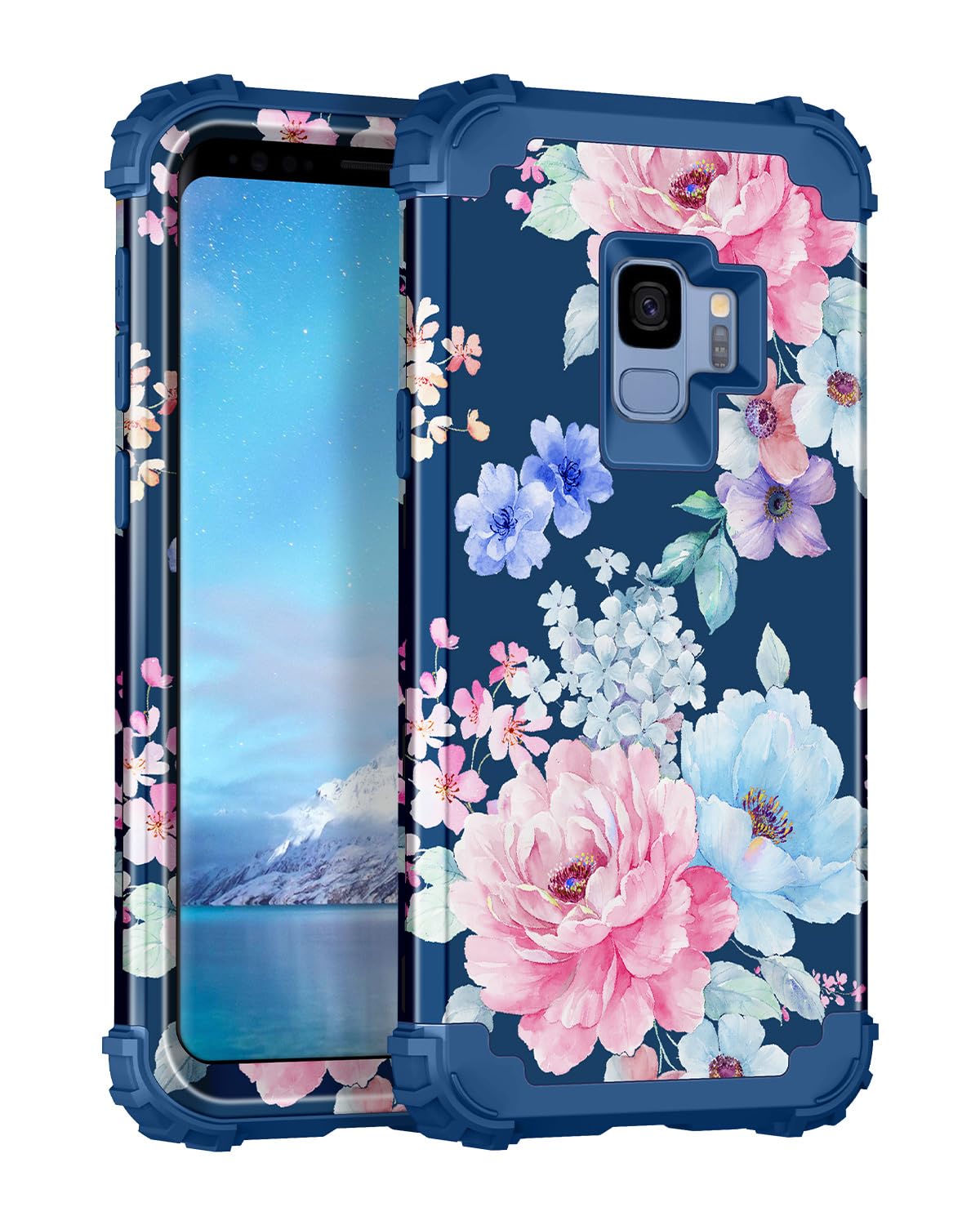 CasetegoCompatible with Galaxy S9 Case,Shockproof 3 Layer Heavy Duty Hard PC+Soft Silicone Bumper Rugged Anti-Slip Protective Cover Cases for Samsung Galaxy S9,Navy Flower