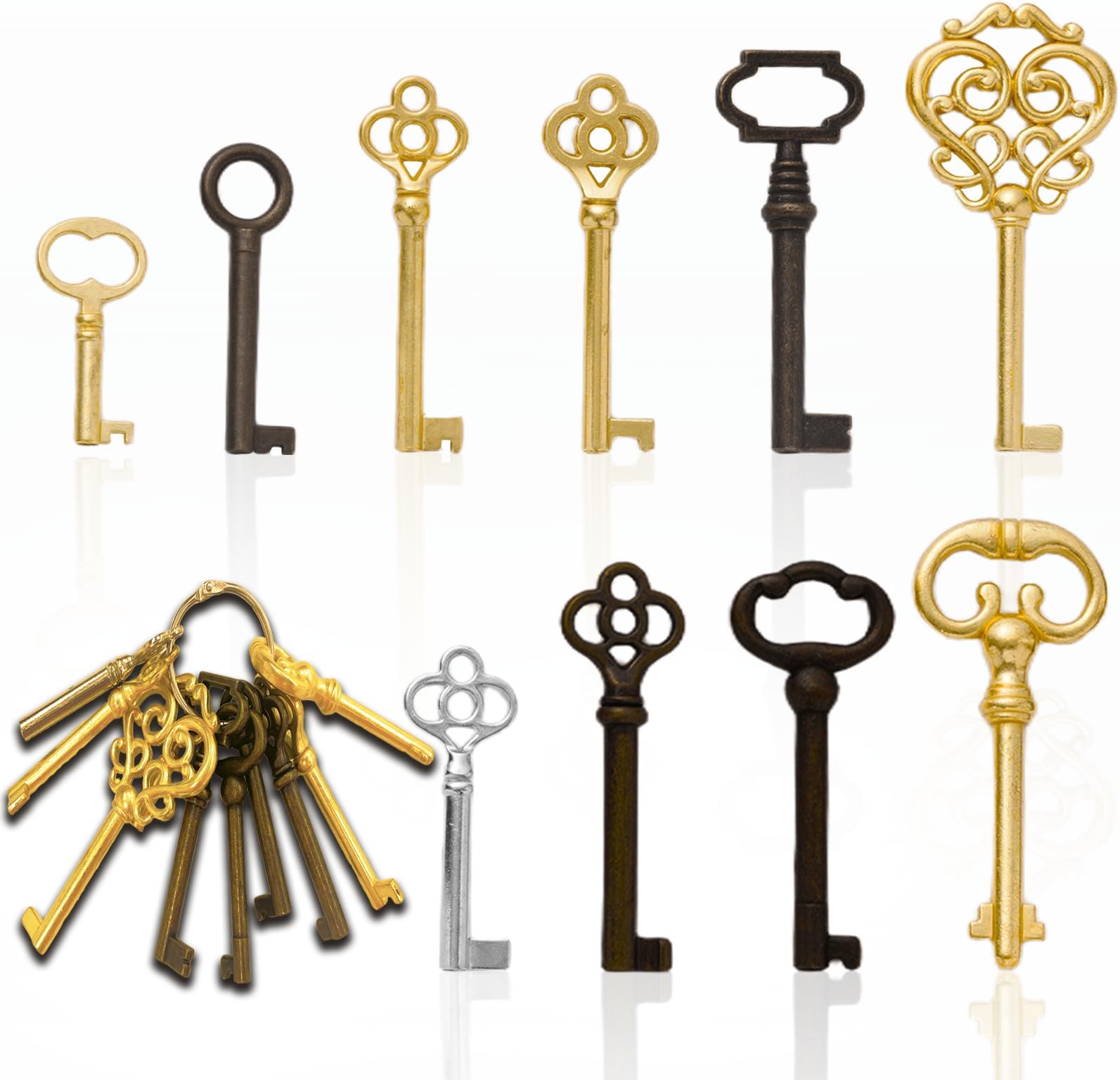 Skeleton Key Set, 10-Keys Universal Skeleton Keys Replacement for Vintage Old Furniture, Antique Furniture, Cabinet Doors, Grandfather Clocks, Old Style Cabinets or Doors