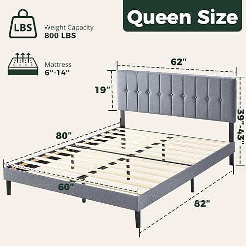 Miniatura 2 de Base de cama Queen con cabecera de tela tapizada, fácil montaje, soporte de listones de madera, cabecera ajustable, no necesita somier, sin ruido,