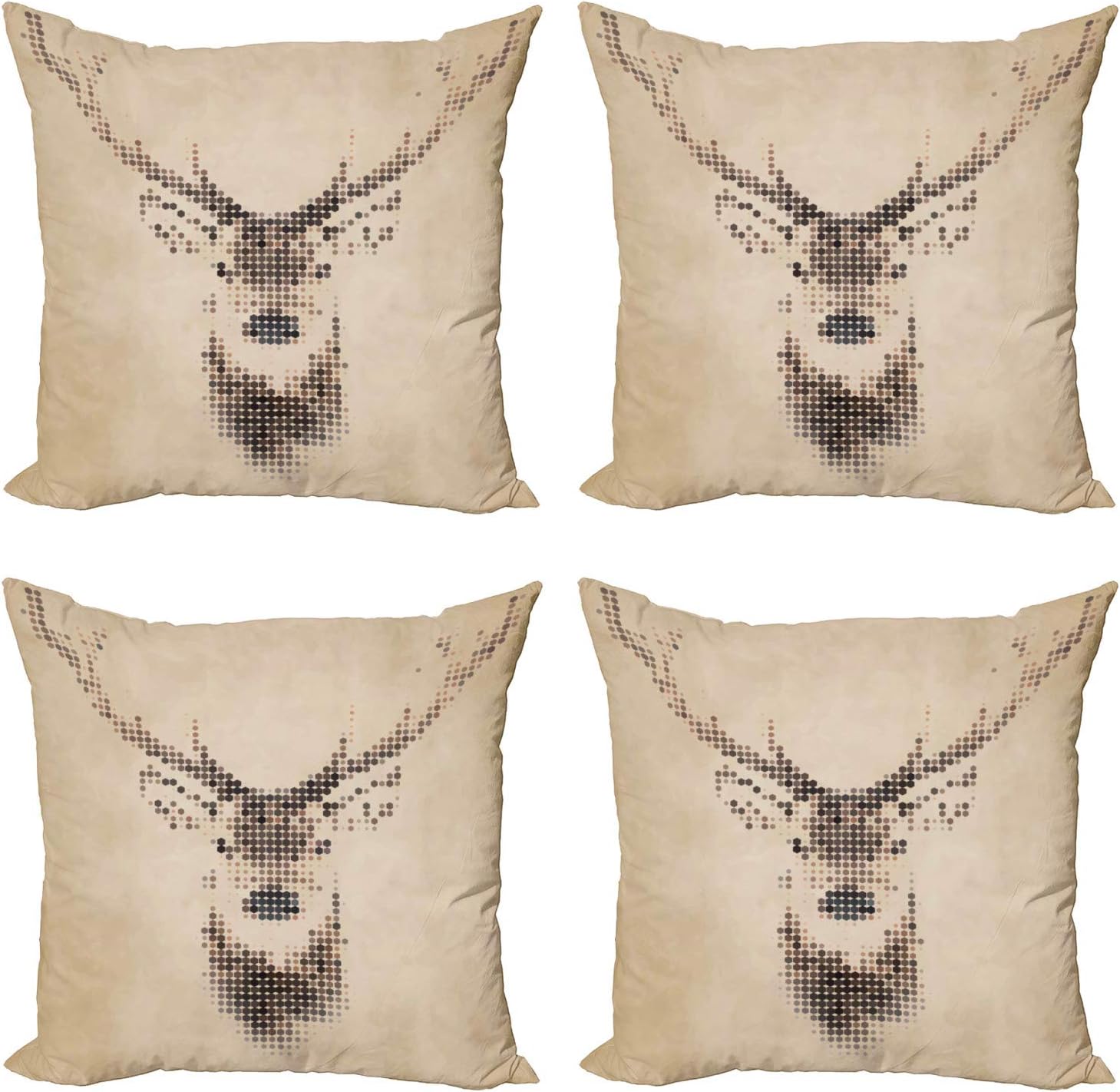Ambesonne Deer Decorative Throw Pillow Case Pack of 4, Retro Style Animal Portrait Digital Dots and Geometric Circle Vintage Graphic, Cushion Cover for Couch Living Room Car, 18", Cream Brown