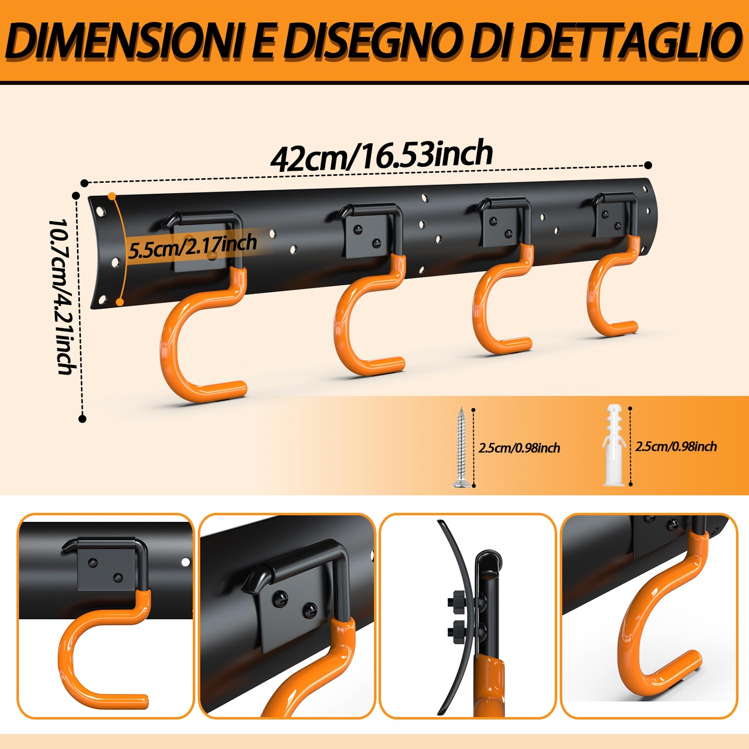 3-H Porta Attrezzi da Giardino 2x42cm, Porta Attrezzi da Parete Regolabile Acciaio Inox, Portascope Parete Impermeabile con 8 Ganci per Zappa, Rastrello, Vanga,Pala,Garage,Giardino(84cm/33.07inch)