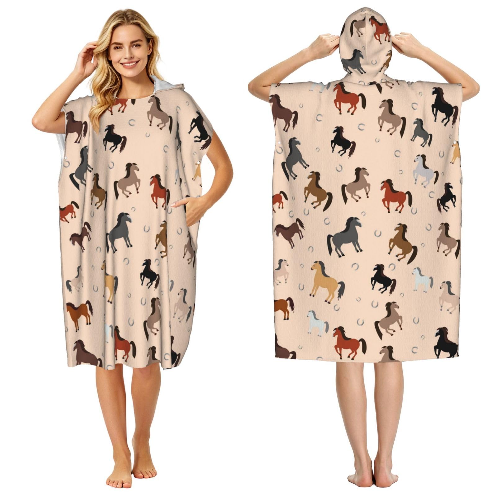 Poadnly Colored Horse, Adult Hooded Beach Towel 90 x 110 cm,Changing Bath Robe, Surf Poncho Towel For Women Men