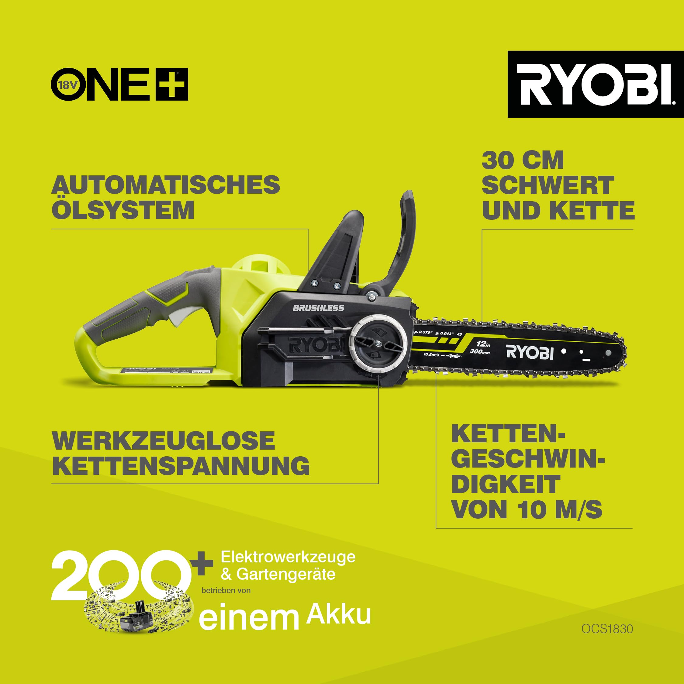 RYOBI 18 V ONE+ Brushless Akku-Kettensäge OCS1830, Schwertlänge 30 cm, bürstenloser Motor, werkzeugloses Kettenspannen, ohne Akku und Ladegerät