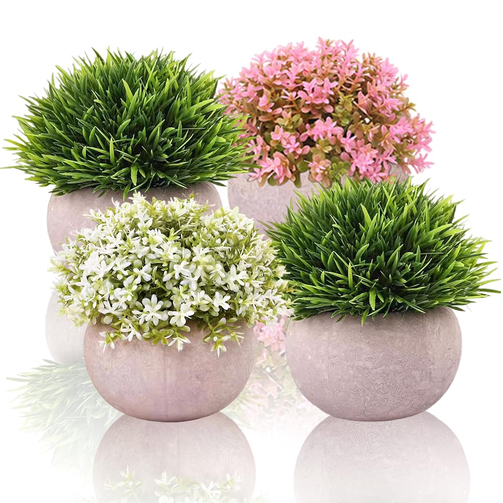 Small Artificial Plants Indoors for Bathroom, Small Fake Plants in Pots, Mini Plastic Potted Plant, Faux Plant for Office Decor, Desk, Bedroom, Bathroom, Kitchen, Home Summer Decoration, Mother's Day.