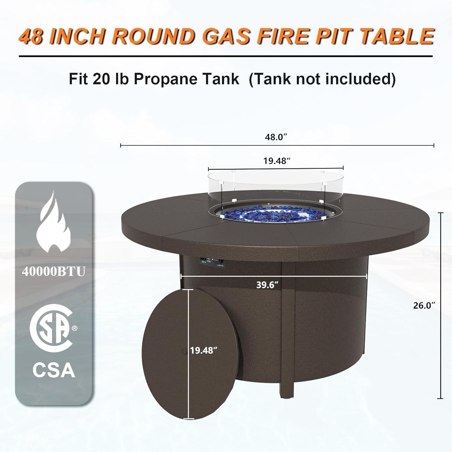 48in Round Gas Fire Pit Table, 40,000 BTU Outdoor Steel Patio Propane Firepit with Blue Glass Beads, Waterproof Cover, Hideaway Tank Holder and Lid for Outside Patio, CSA Certification