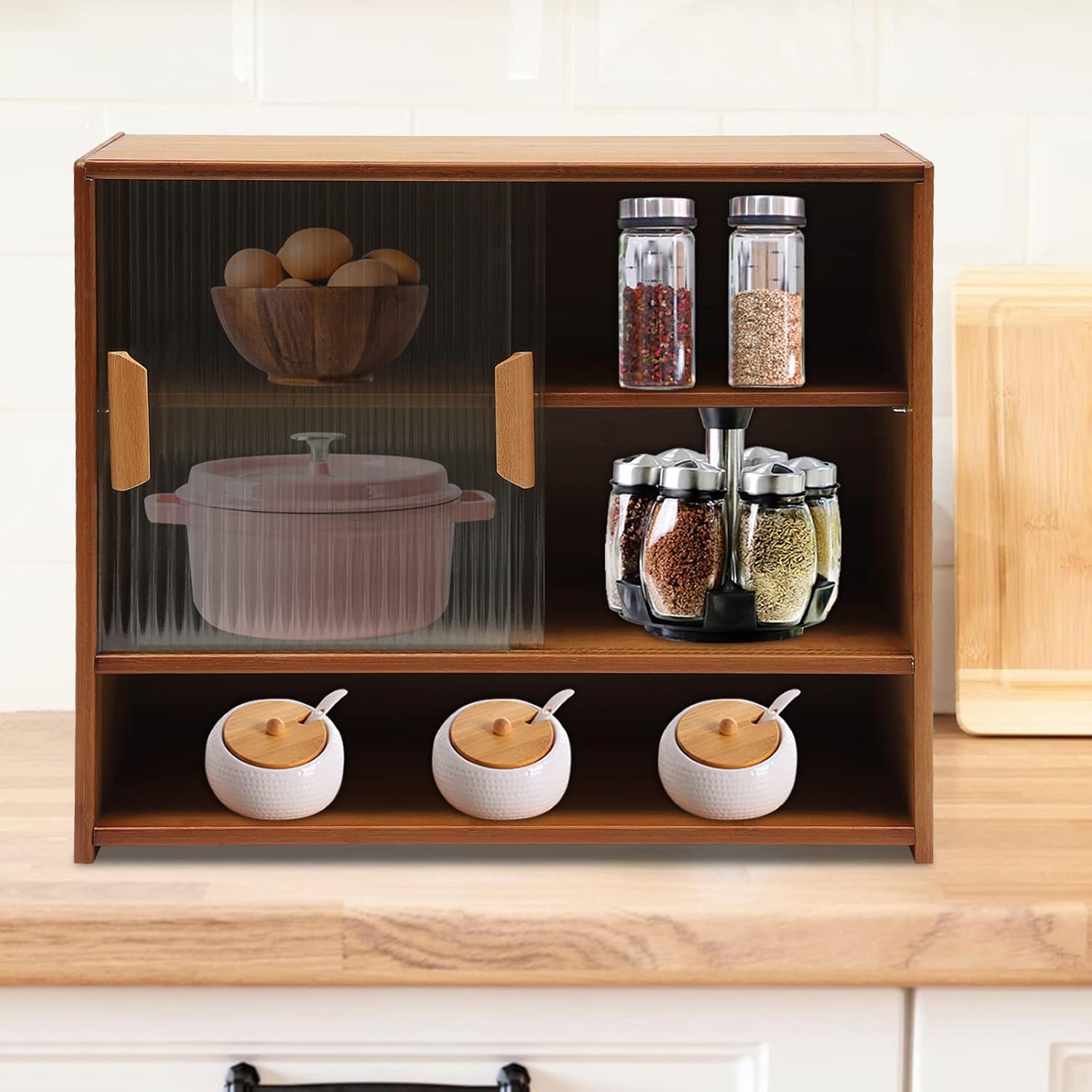 Small Bamboo Kitchen Pantry Sideboard with 2 Sliding Striped Glass Doors, Freestanding Countertop Storage Cabinet for Spice Seasoning Bottles, Dish, Bowl, Console Dining Cupboard (Log)