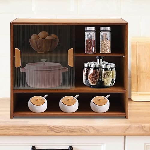 Pequeño aparador de despensa de cocina de bambú con 2 puertas corredizas de vidrio a rayas, armario de almacenamiento independiente de color té con