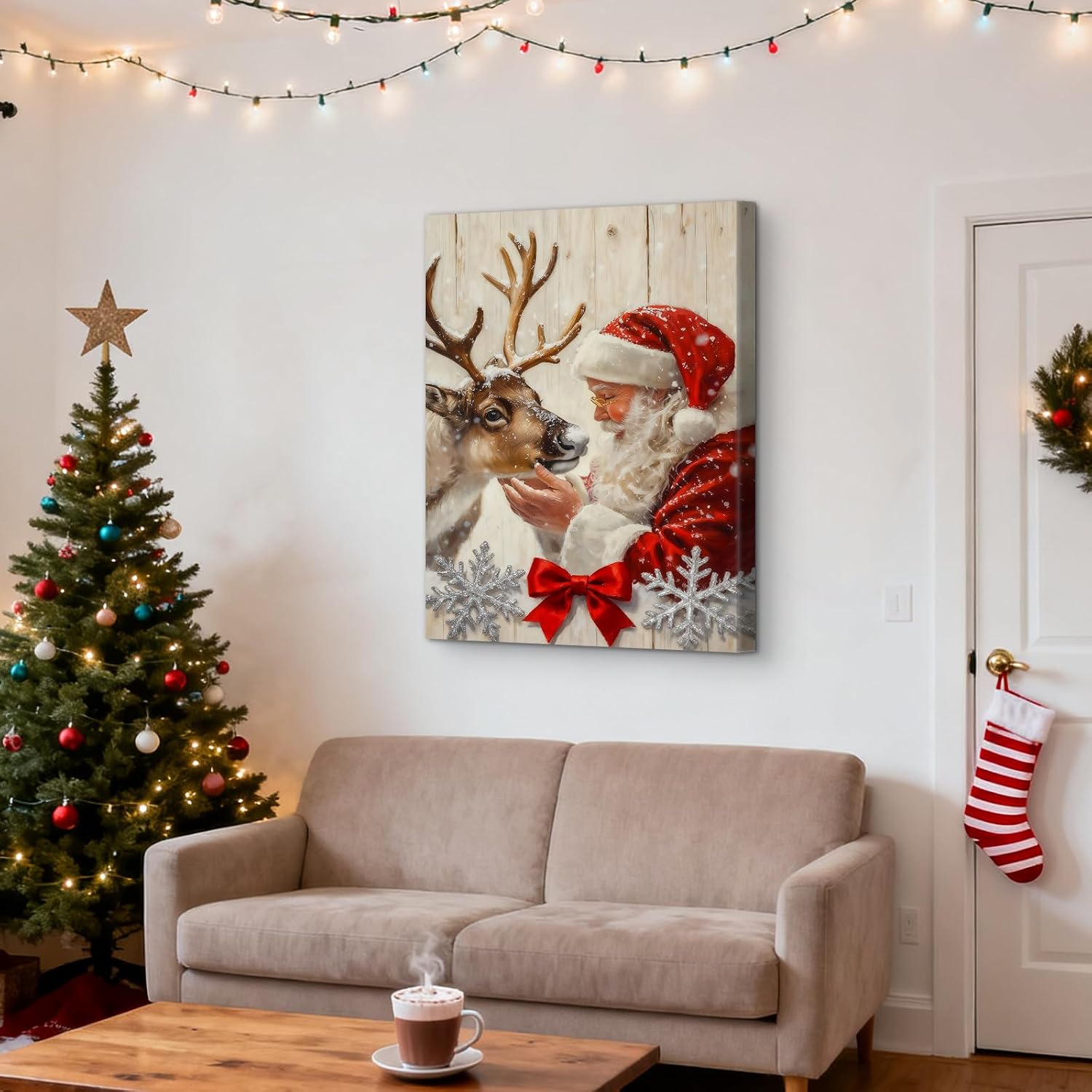 Vintage Santa Reindeer Framed Christmas Canvas Wall Art, Snowy Winter Classic Santa Scene Picture Farmhouse Holiday Wall Art 12x16 Artwork for Living Room Bedroom
