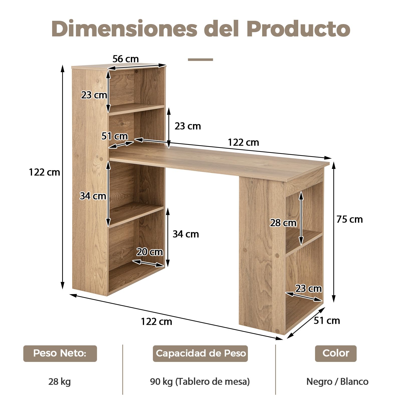 COSTWAY Escritorio con Estanteria, Mesa Escritorio 120 cm, 6 Estantes de Almacenamiento, Mesa Ordenador Reversible Oficina/Dormitorio (Natural)