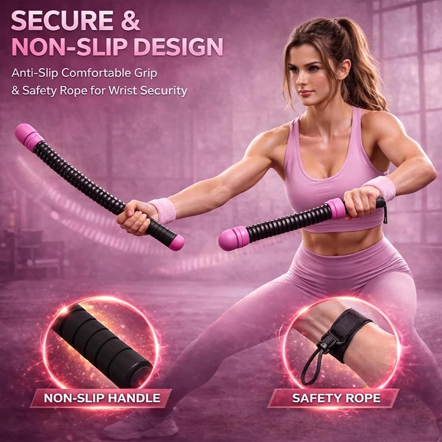 Battle Ropes for Home Gym, 2-Pack Adjustable Ropeless Battle Ropes, Weighted Workout Exercise Rope with Hand Straps (Pink-Upgrade)