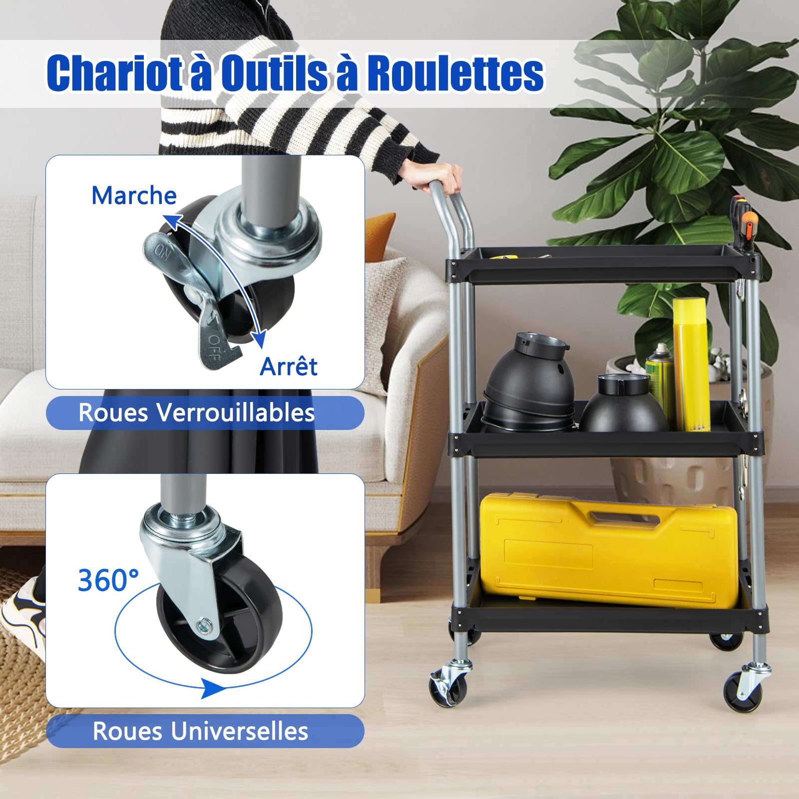 GOPLUS Chariot Servante Outils, Chariot de Service Porte Outils à 3 Étagères avec Trous de Suspension avec 4 Roues et Poignée, pour Garage, Atelier et Entrepôt, 64 x 40 x 102 CM