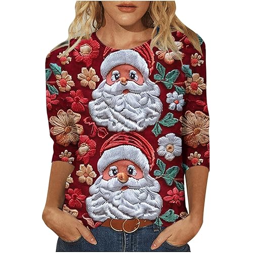 Ugly Christmas Shirts for Women 3/4 Sleeve Christmas Tshirt Crewneck Tops Christmas Tshirt Crewneck Tops Blouse