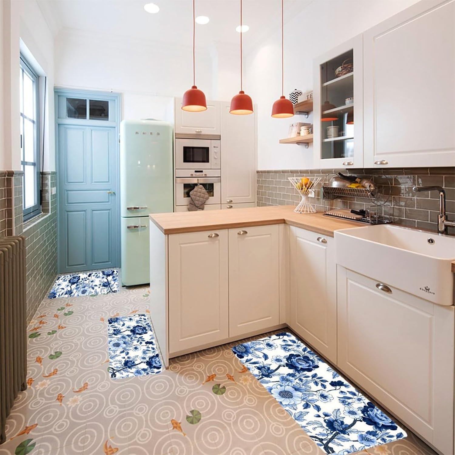 Blue Floral Kitchen Mats for Floor 3 Pieces Set, Anti Fatigue Cushioned Standing Floor Mats Non Slip Washable for Sink Laundry Floor 24'' X 16'',31'' X 20'',47'' X 17''